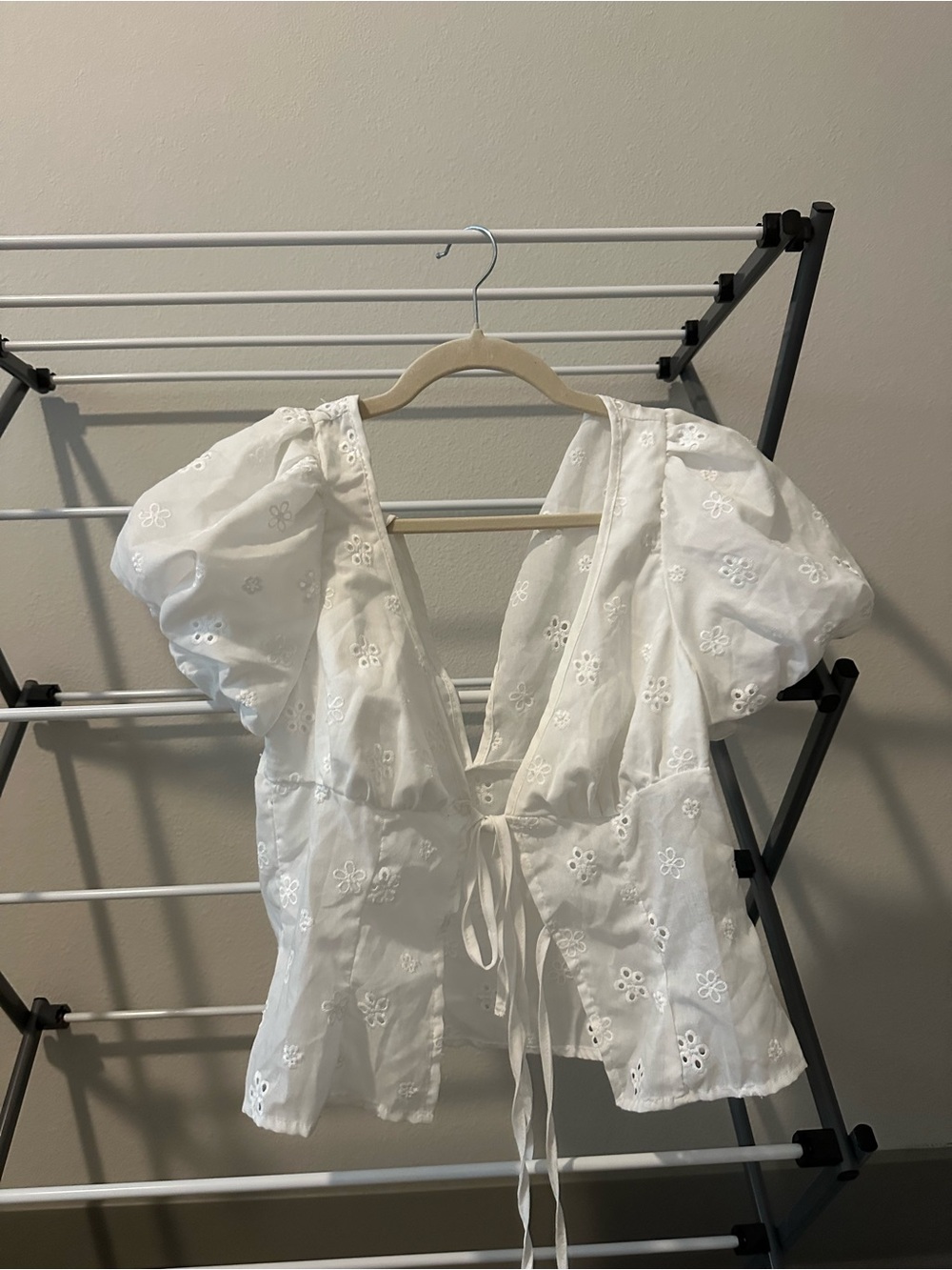White Eyelet Puff-Sleeve Tie-Front Top